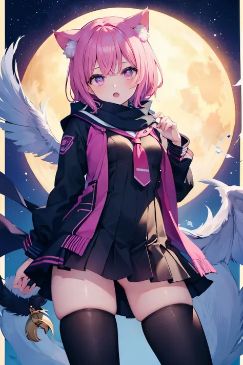 NSFW,Very beautiful and shining eyes、shining eyes、1 girl、small breasts、big mouth、high school girl、small breasts、Cat ear、Transparent pink short hair、scarf、moon、night、neon、phoenix、wing、