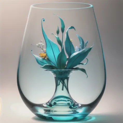 there is a blue glass vase with a white base on a white background, in a short round glass vase, vibrant scene, vase, ambient teal light, transparent glass vase, glassware, cerulean, cerulean blue, turquoise, amber, glass tableware, venetian glass, cyan, g...