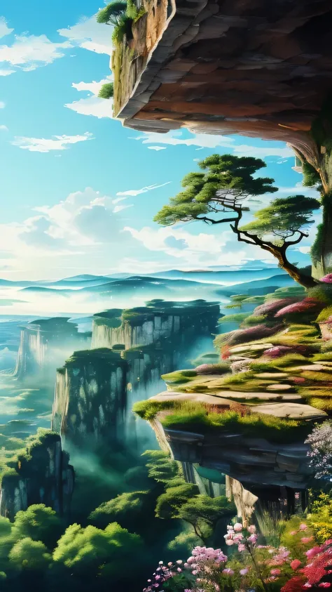 This image showcases a breathtaking anime-inspired masterpiece, depicting an awe-inspiring large tree with an enchanting twist, perched majestically atop a precipitous cliff. The cliffs composition reveals intricate layers of geological rock formations, ev...