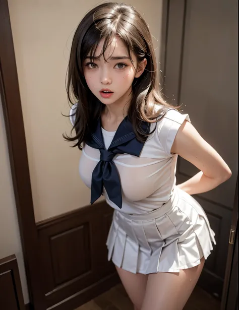 (best quality, masterpiece:1.2), ultra detailed, (photo realistic:1.4), High resolution 16k,Use natural light and color,solo, 1girl, (12-year-old),cute girl, shiny skin,sexy,(see-through),sailor uniform,very short pleated miniskirt,vulgarity, sexual ecstas...