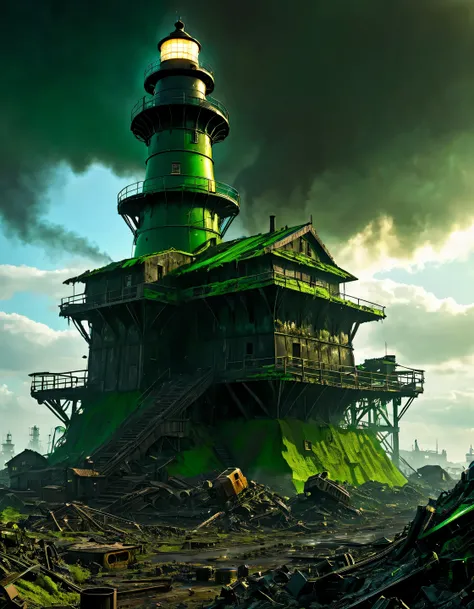 (A huge beacon of hope dispels the darkness:1.5) apocalypse, Post-apocalyptic world with ruins of cities and dumps of destroyed robots, cyborgs and mechs., the sky is filled with black smoke and acid-green acid rain, среди ржавых останков cyborgs and mechs...