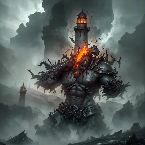 In the setting of warhammer fantasy, the Orcs have built a ramshackle jagged lighthouse made of scrap metal and stone, a pyre blazes at its top. It is a dark stormy night. (best quality,4k,8k,highres,masterpiece:1.2), ultra-detailed, (realistic,photorealis...