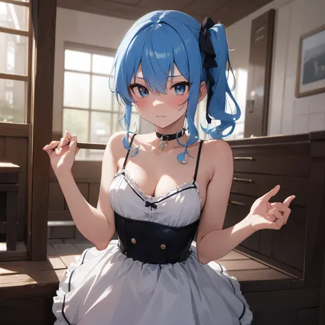 hoshimachi suisei,blue eyes,blue hair,choker,hair between eyes,medium hair,side ponytail,スターchoker,1 girl,highest quality, High resolution,(thin and beautiful eyes:1.6),(perfect hands, perfect anatomy),(((masterpiece))),((highest quality)),shyness,troubled...