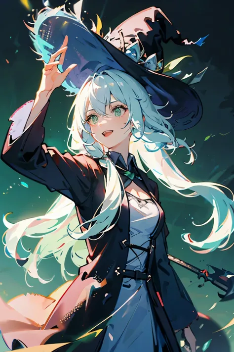 (ultra-detailed, perfect pixel, highres, best quality, beautiful eyes finely detailed), female, witch, full of magic aura, smirk facial expression, sharp green eye color (glowing green eyes), white hair, long hair, black middle age outfit, witch point hat,...