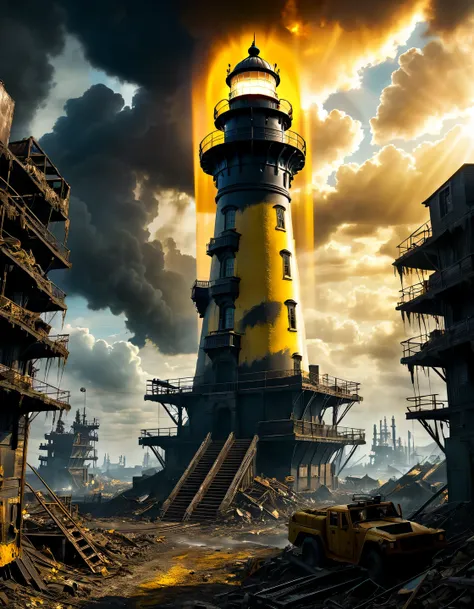 (Огромный lighthouse надежды рассеивает тьму:1.5) apocalypse with its (((powerful bright yellow rays))), Post-apocalyptic world with ruins of cities and dumps of destroyed robots, cyborgs and mechs., the sky is covered with thick dark clouds and black smok...