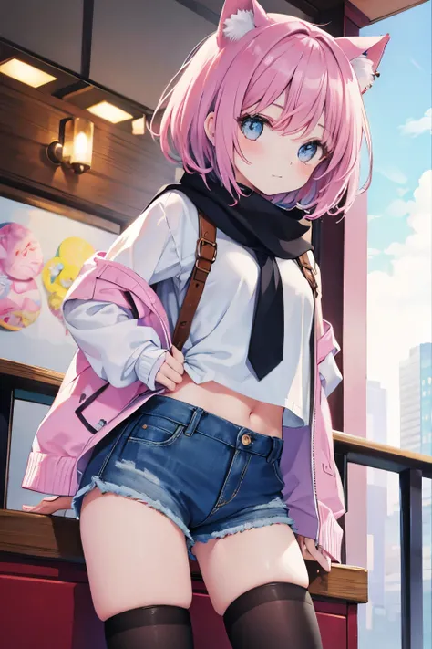 Very beautiful and shining eyes、shining eyes、1 girl、small breasts、big mouth、high school girl、small breasts、Cat ear、Transparent pink short hair、scarf、hot pants、transparent clothes、childish clothes