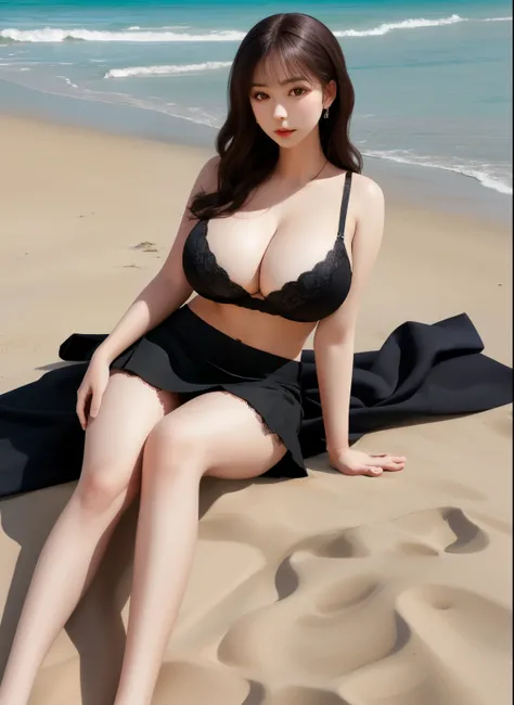 (lifelike:1.4), girl, black mini skirt,lace bra， (huge breasts:1.3), facing me, long legs，whole body，On the beach