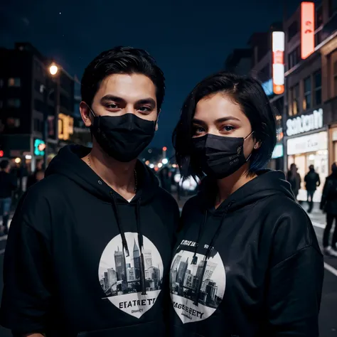 Couple boy and girl, 1 handsome boy and beautiful girl with black hoodie (short hair), black hair, blue eyes, street style, gradattion hoodie black, night city background, shiny, viewing viewer, upper body, with mask