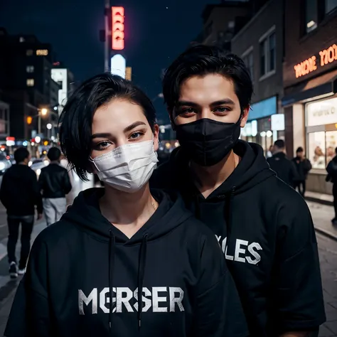 Couple boy and girl, 1 handsome boy and beautiful girl with black hoodie (short hair), black hair, blue eyes, street style, gradattion hoodie black, night city background, shiny, viewing viewer, upper body, with mask