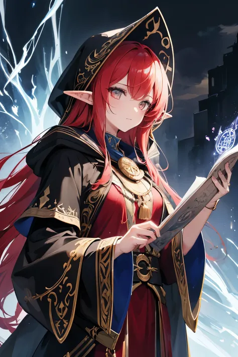 (best quality,4k,8k,highres,masterpiece:1.2),ultra-detailed,(realistic,photorealistic,photo-realistic:1.37),a wizard using blindfold on her eye with red robe,illustration,velvet texture,sparkling stars,magical staff,bright glowing eyes,sorcery,ancient spel...