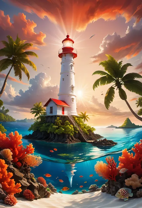 lighthouse, ミクロネシアの小さな島に建てられたlighthouse, clear, calm sea, white and red coral reef, tropical fish, best configuration, sunset, o...