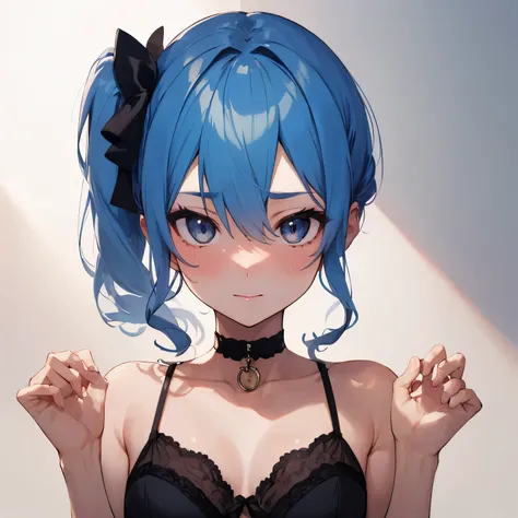 hoshimachi suisei,blue eyes,blue hair,choker,hair between eyes,medium hair,side ponytail,スターchoker,1 girl,highest quality, High resolution,(thin and beautiful eyes:1.6),(perfect hands, perfect anatomy),(((masterpiece))),((highest quality)),shyness,troubled...