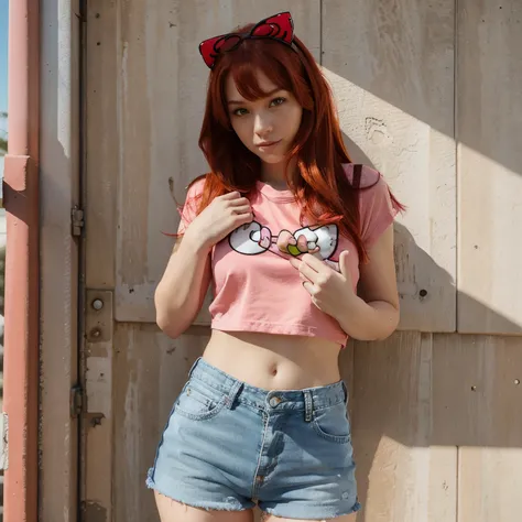 red hair hello kitty outfit short denim shorts 