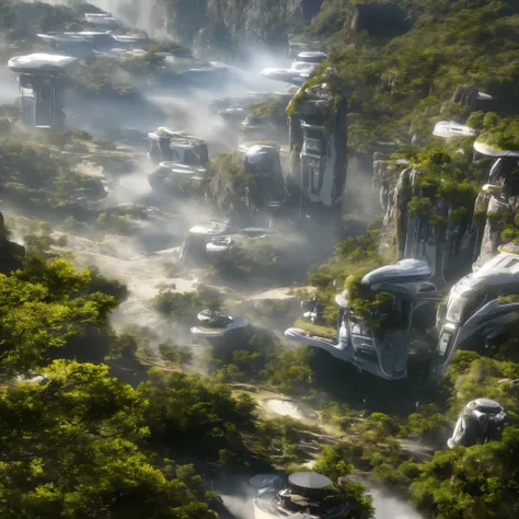 landscape of a futuristic sci fi city, sci fi, ultra realistic, high resolution, city with trees