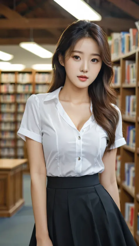 medium shot of beautiful korean female, 36 inch breasts size, shoulder length hair, wearing white short sleeve shirt, black skirt, in library, uhd