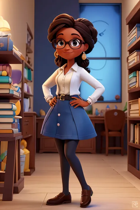 Imagem estilo Pixar com personagem 3D, uma mulher negra, with glasses and formal clothes, She is social media and is well dressed in the background, a marketing office with bookshelves and deep books, bem bonito faca os ajustes que julgar necessario para m...