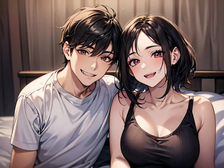 couple,(night),male,masterpiece, high quality, hd,perfect lighting, detailed face, detailed body, short black hair, white t-shirt, (smile: 1.5), sitting,fangs for women, bed,Vampire Woman,,couple