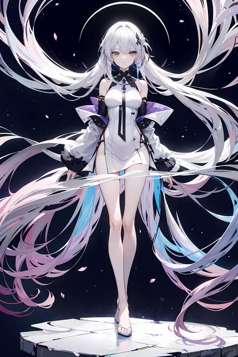 Lilac gradient hair,asymmetrical hair,（（Hair is very thick 1.8，chiseled head 1.6））， hair past shoulders, messy hair, very long hair, shiny hair，(long gray hair:1.2),a beautiful girl，（Luxury Platinum Mini Ultra Short Platinum Lolita，Made of transparent mate...