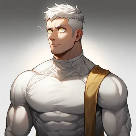 1 muscular monk, male focus, White compression pantyhose, white hair, muscular male, muscular, only, Upper body, alone, white short hair, stubble, yellow eyes, White background, simple background, amazing quality, best aesthetics, Ridiculous, bright pupils...