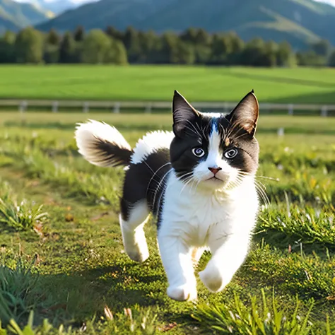 Cute kitten running through the fields laughing。cast a shadow。Actually！