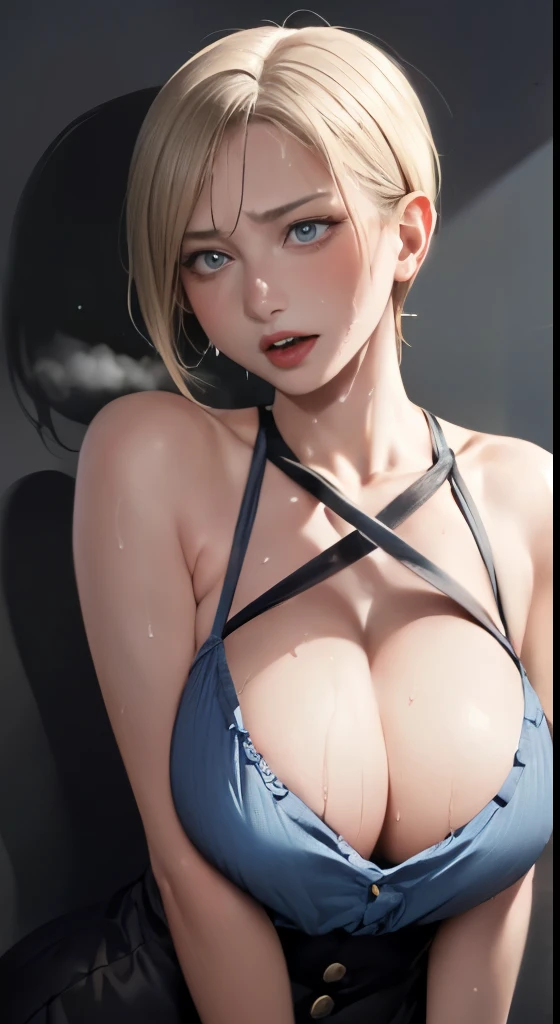 Realistic、mature woman，facial enhancement，Super large chest zoom，cleavage emphasis，look up from below，blonde hair，blue eyes、blush，red lips，Sexy，open your mouth as wide as possible、wearing underwear，wrinkles between eyebrows，Sweaty face、short woman、spread l...