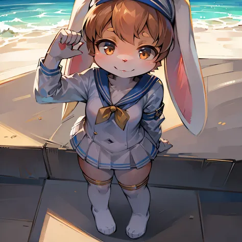 Bright outside，Bunny Girl，bunny ears，female focus，Furry women，Characteristics of a three-year-old girl，Furry loli，One meter six height，Sailor suit，sailor hat，Strap skirt，Standing posture，Smile