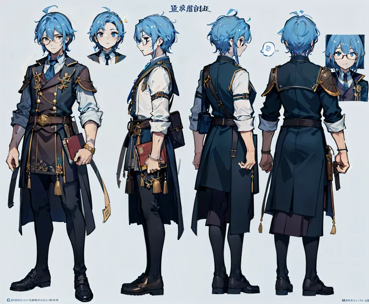 1 person, Reference sheet, (fantasy character design, front angle, back angle) Thaddeus. scholar-like man. beautiful young man, wear glasses、Carry a school bag full of scrolls and notebooks. Well tailored, Practical attire suitable for alchemical pursuits....