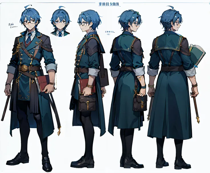 1 person, Reference sheet, (fantasy character design, front angle, back angle) Thaddeus. scholar-like man. beautiful young man, wear glasses、Carry a school bag full of scrolls and notebooks. Well tailored, Practical attire suitable for alchemical pursuits....