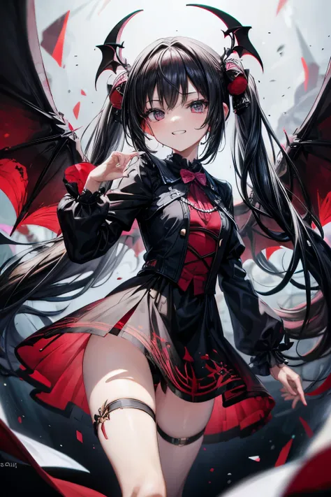 ((Masterpiece)), (Anime:1.5), ((best quality)), (RAW photo:1.2), (High Definition:1.3), (Professional Photography:1.2), (chromatic aberration), 1girl, ((12years old)), vampire, dress, fangs, wing, girl, evil, grin, dynamic, ultra-detailed, decoration, Russ...