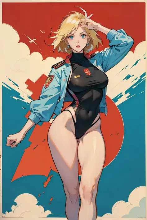 CCCP poster, soviet poster, Soviet flag in the background, 苏联poster, Soviet Union poster, October, ((中国党poster, 苏联poster)) (blond 18岁女孩 holding up her hand in the air) 宣传poster, poster, Soviet flag on poles, blue sky with fighter jet, , 1 girl, alone, Good...