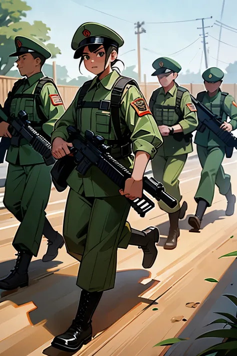 Soldiers in uniform, roaming around with serious expressions,rifles slung over their shoulders,Patrolling the streets of Myanmar, alert and focused,Marching in formation, Military boots crunching on the gravel,Soldiers stopping to check IDs of local civili...