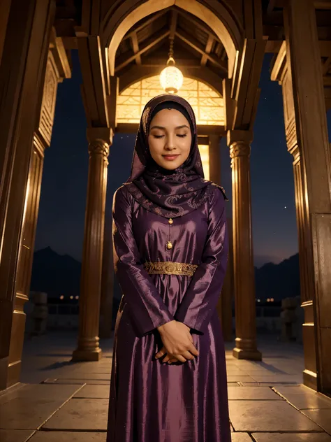 A mature 30 years old woman. Long straight brown jilbab. Small lips. Small nose. Small eyes. High cheek bones. strict facial features. Fair skin. Smile dimple. Full of tears. Eyes closed. Wearing a gamis kebaya veil over her face. In an ancient temple of t...