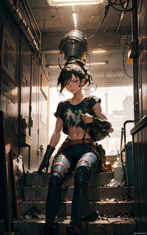 (Zendaya:Evangeline Lilly) ,sitting on some stairs, ripped jeans, tank top, ((pulls up her shirt)) , slightly muscular, Beautiful anime waifu style girl, hyperdetailed painting, luminism, art by Carne Griffiths and Wadim Kashin concept art,  post-apocalypt...