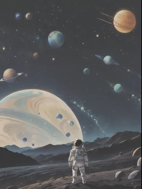 planets in background, space,suspended planet,starry sky,hills,The album cover, cover art,The back of a floating astronaut