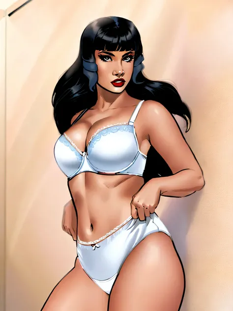 ((((masterpiece, best quality)))), ((30 year old)), (((Curvy))), ((Latina with long black hair that has curled bangs)), in ((white bra)), pulling up ((white high cut panties)), Dark eyes, ((Red lipstick)), ((Standing in a bathroom)), (((comic book art styl...