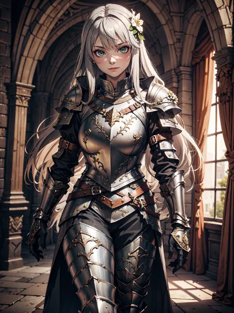 Ultra High Definition, Ultra High Quality, Hyper Definition, Hyper Quality, Hyper Detailed, Extremely Detailed, Perfectly Detailed, 8k, 1 Anime Female, Full Body, ((Long Silver Hair)), Noble Armor, ((Leg Armor, Armored Pants, Symmetric, Armored Boots)), Gl...