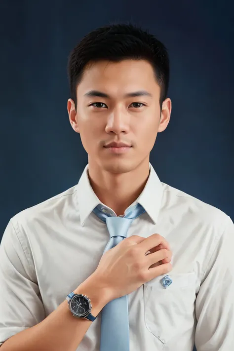 1 indonesian man, white skin
 a 25 y.o male wearing long-sleeve blue shirt and tie, with a watch, upper body, 
in camera studio with 3 flash, soft lighting, 
masterpiece, best quality, 8k uhd, dslr, film grain, Fujifilm XT3 photorealistic painting art by m...