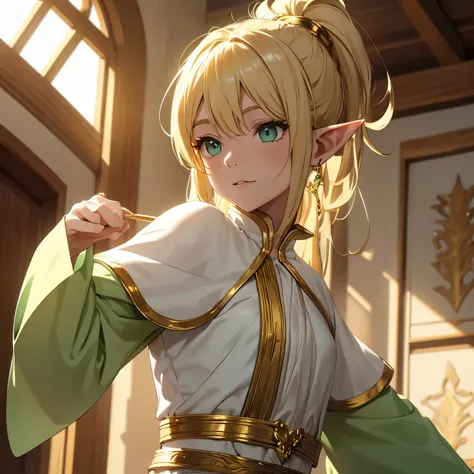 elf with golden hair, ponytail hair, long white clothes adorned with light green, brown eyes