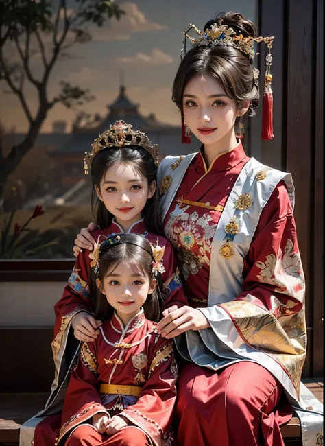 Golden colored,Chinese palaces,3girls,Empress and princess,Mother and 2 daughter,Lily,brunette color hair,By bangs,Chinese long skirt,flower,35 years old and 7 years old, and 3 years old, Phoenix crown,Smile