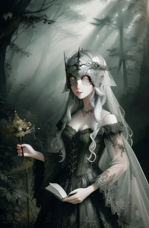 a woman wearing a silver blind mask, gothic dress, lace trim, tone mapped, detailed, highly detailed, digital painting, artstation, concept art, smooth, sharp focus, beautiful illustration, photo, dramatic lighting, god rays, fog, outdoors, dense forest, (...