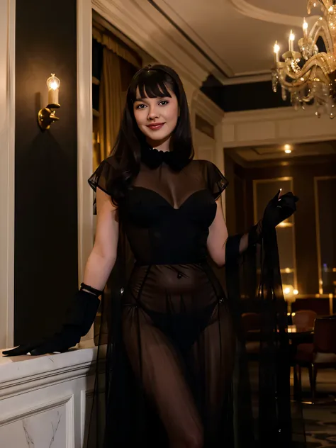 Classy intelligent smiling betty page looking girl with  blue eyes and a completly long sheer black chiffon evening dress and long black soft gloves in a grand hotel cocktail sala the photo is taken from up front