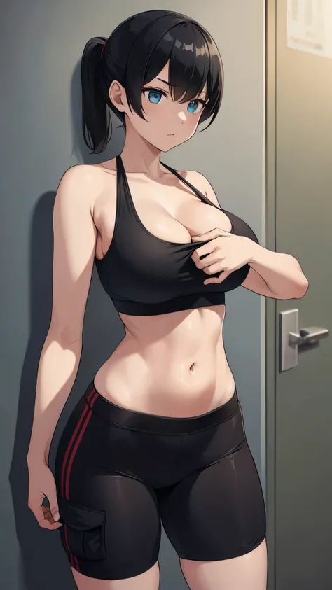 1girl, slim body, short hair, ponytail, black cargo, huges breasts, sport bra, teen, 