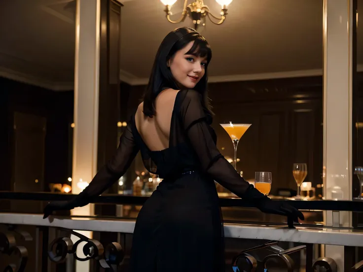 Classy intelligent smiling betty page looking girl with blue eyes and a completly long sheer black chiffon evening dress and long black soft gloves in a grand hotel drinking glass in hand a sexual cocktail the photo is taken from her back