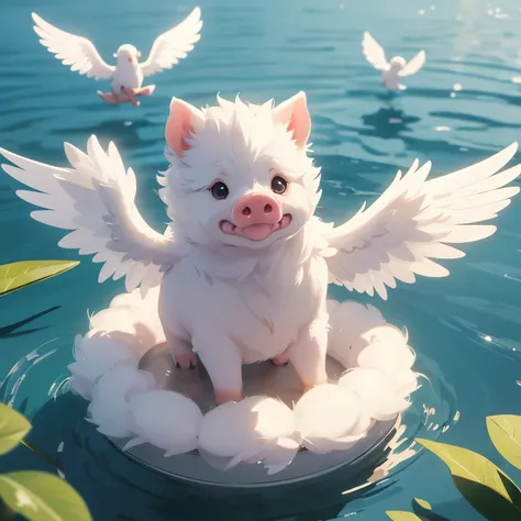 mini pig with 4 small wings floating with white fur