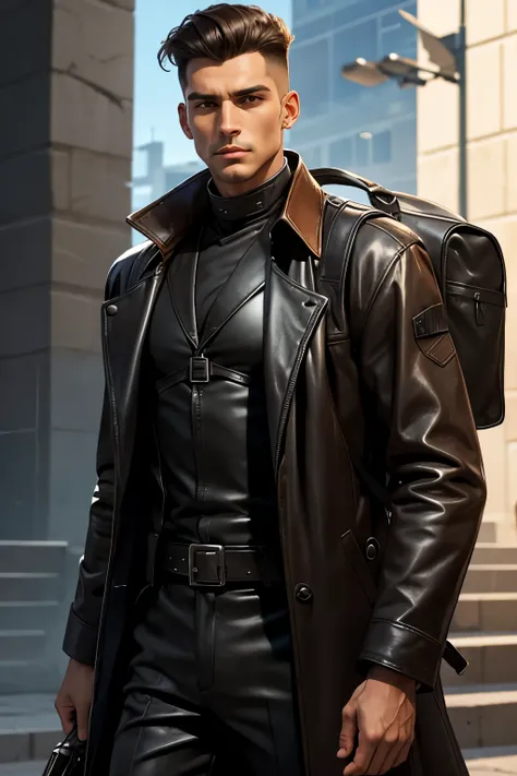 Man in long leather coat with pistol and a backpack