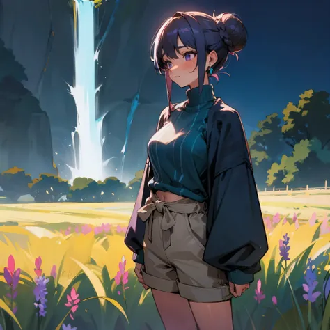 1female, adult, medium breast, tan skin, finely detailed teal eyes, short wavy buns, purple and black ombre hair color, loose oversized sweater, shorts, tattoos, blushing, standing in flower field, waterfall, night, village background, sleepy expression, e...