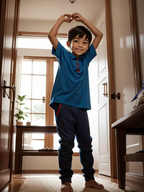 a 10 years old boy, trying to wear a trouser inside a room, looking happy