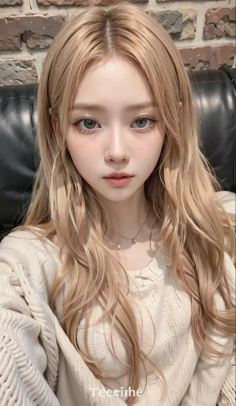 a close-up of a woman with long blonde hair sitting on a sofa, sun yunjoo, pelo largo y rubio y ojos grandes, sakimichan, heonhw...