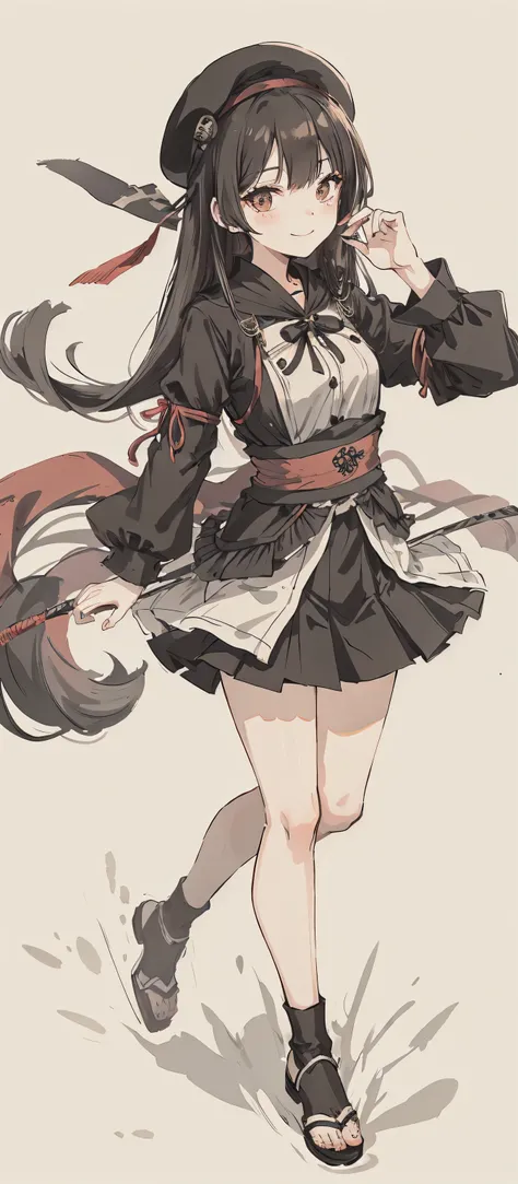 sparrow, whole body, a black haired girl, wearing bandit clothes, long hair, hair, black skirt, black bandit uniform, because I&#39;thin, , curious face, prayer pose, enchanting smile, mini skirt, white beret, medium breasts,