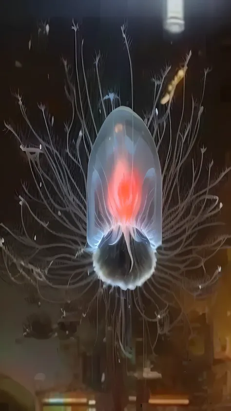 arafed jellyfish with a red light in its mouth, phoenix jellyfish, transparent jellyfish, translucent glowing jellyfish, jelly fish, jellyfish, glowing jellyfish, jelly fish dancing, jellyfish pheonix, space jellyfish, cyberpunk jellyfish, bioluminescent j...